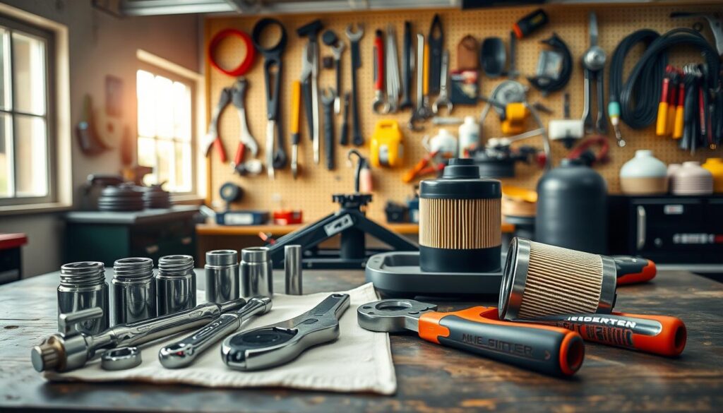 Technician workspace with proper tools for heavy-duty oil filter replacement