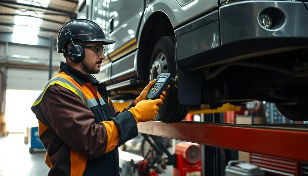 Fleet maintenance technician collecting fuel sample in clear container for visual inspection