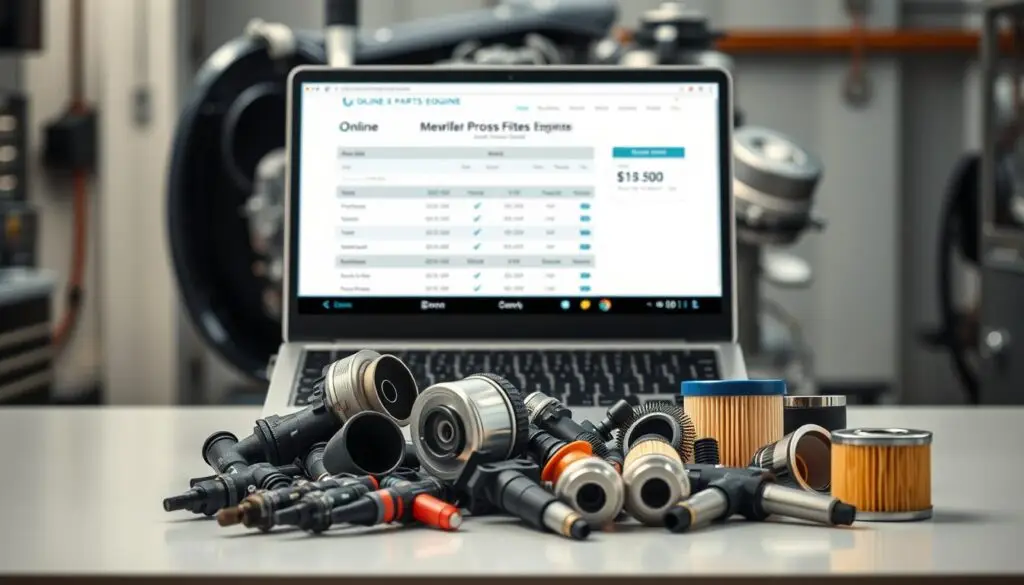 Fleet manager using tablet to access diesel parts cross reference database in shop