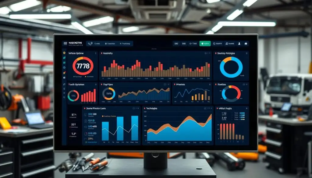 Diesel shop operational efficiency dashboard showing technician utilization, job completion rates, and revenue metrics