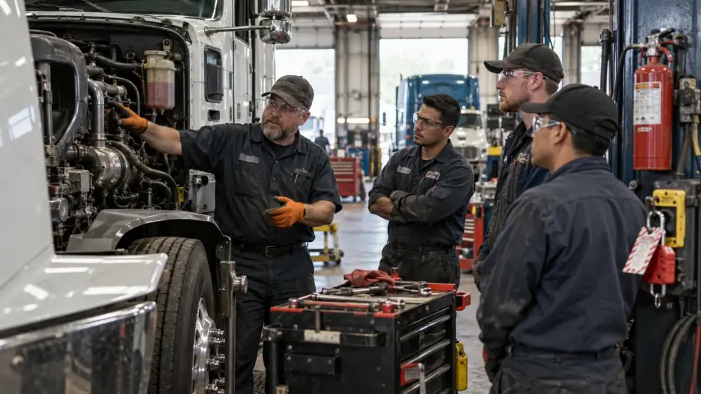 Diesel shop supervisor providing hands-on OSHA safety training to heavy-duty truck technicians beside an open Class 8 truck engine bay.