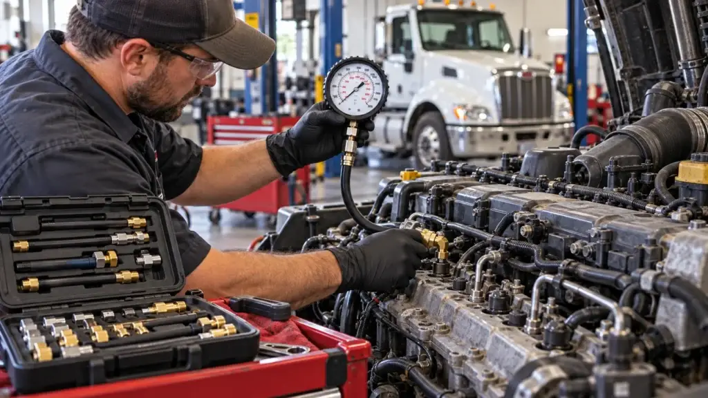 Diesel technician using an OTC 5020-style compression tester with glow-plug adapters on a medium-duty diesel engine inside a professional repair shop.
