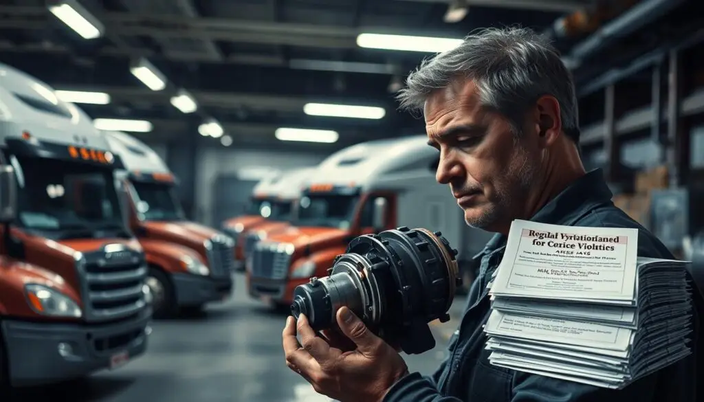 Commercial truck at DOT inspection station with inspector examining brake components