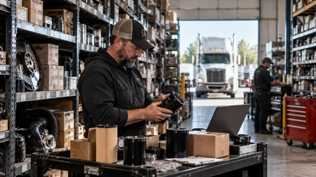 Diesel shop manager reviewing heavy-duty truck parts inventory and working capital in a commercial repair facility