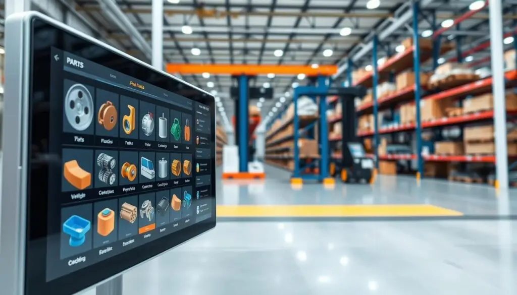Organized fleet parts warehouse showing inventory management system