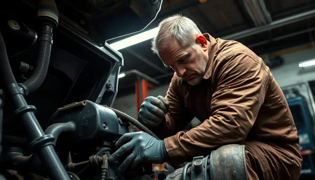 Diesel mechanic working under heavy truck showing physical strain from awkward positioning