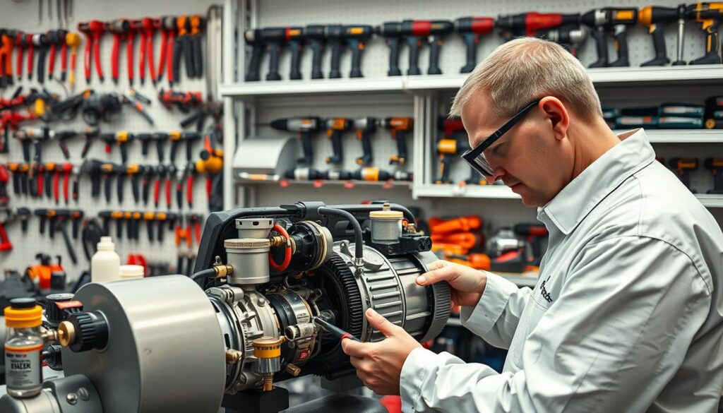 Organized pneumatic equipment maintenance station showing air tools, filtration system, and lubrication supplies in commercial fleet shop