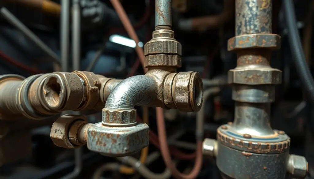 Close-up of deteriorated air lines and connection fittings showing common leak sources