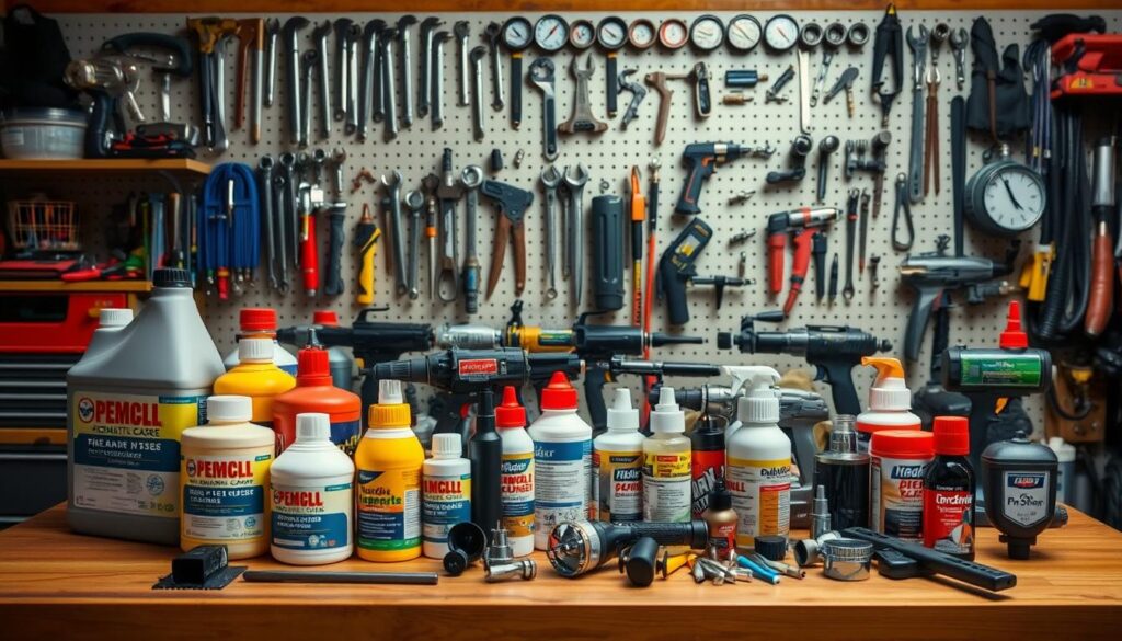 Pneumatic tool oil bottles and organized maintenance supplies including filters, O-rings, and cleaning solvents on workbench