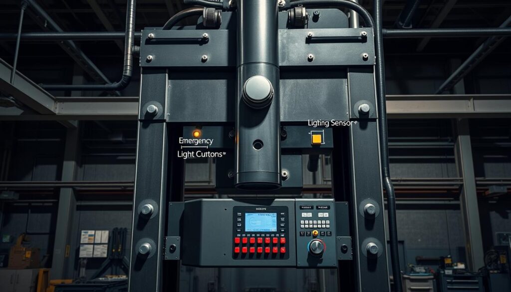 Point-of-operation safeguarding devices for hydraulic press safety including light curtain sensors and fixed barrier guards