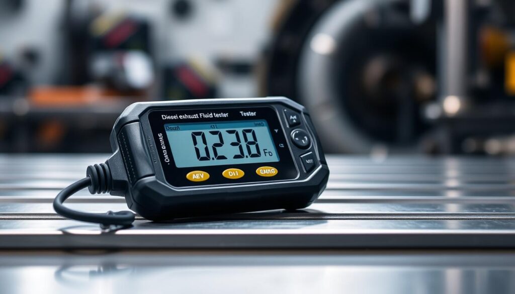 Handheld DEF refractometer displaying urea concentration measurement for quality verification