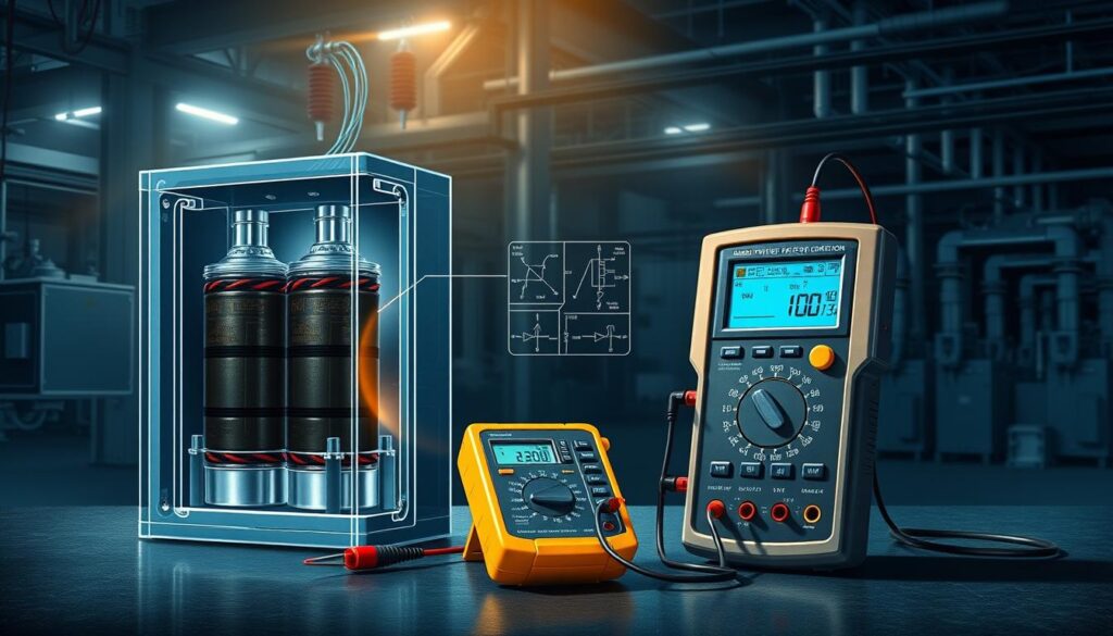 Industrial power factor correction capacitor bank with multimeter showing capacitance measurement