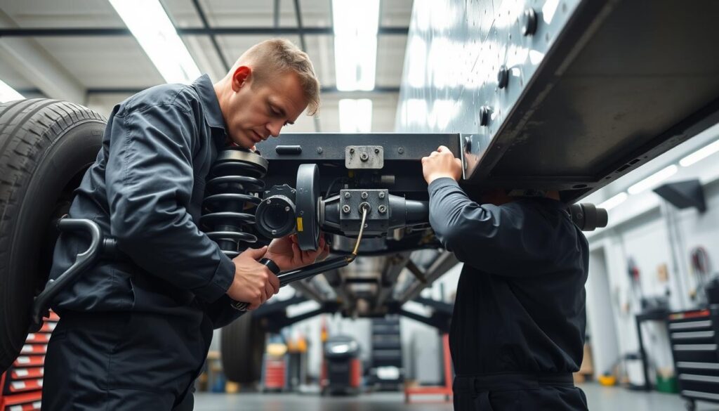 Pre-alignment inspection of trailer suspension components including frame bushings and spring hangers
