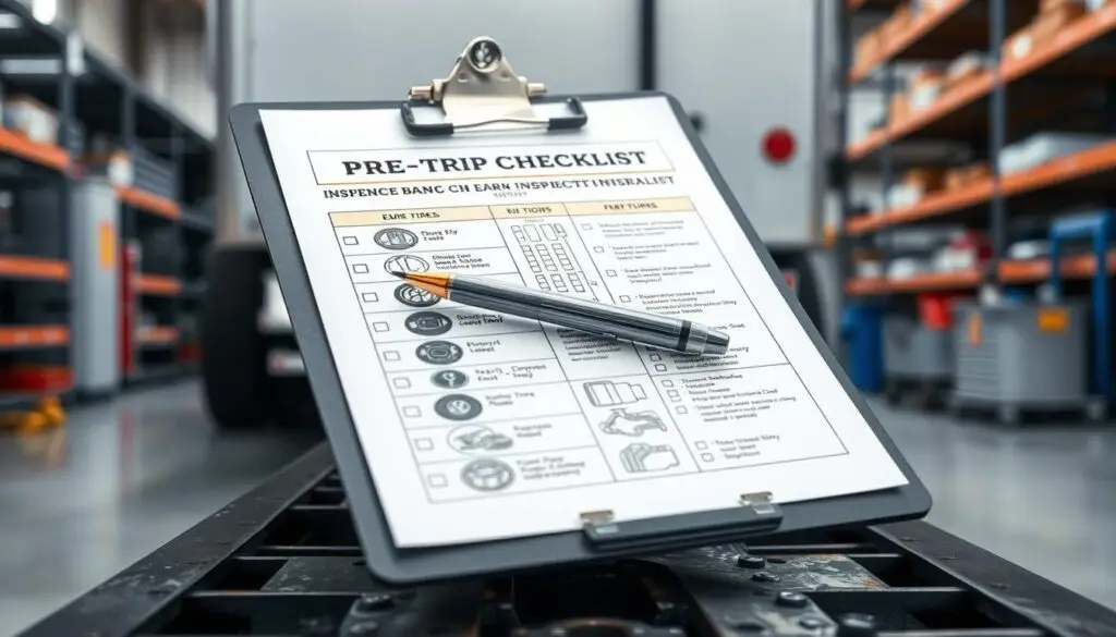 Driver performing pre-trip inspection on commercial semi-trailer checking brake components