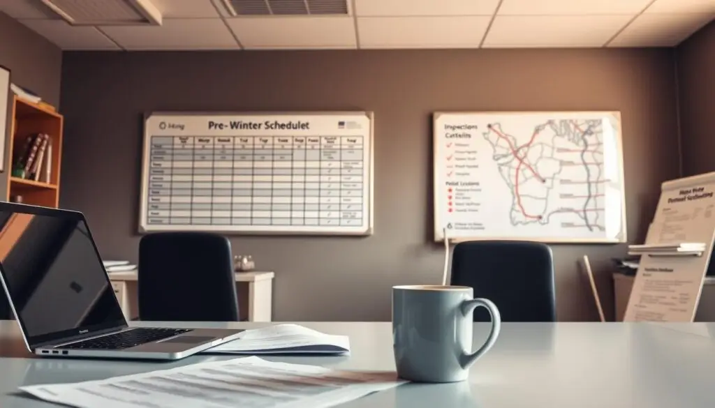 Fleet manager reviewing pre-winter inspection schedule and planning calendar