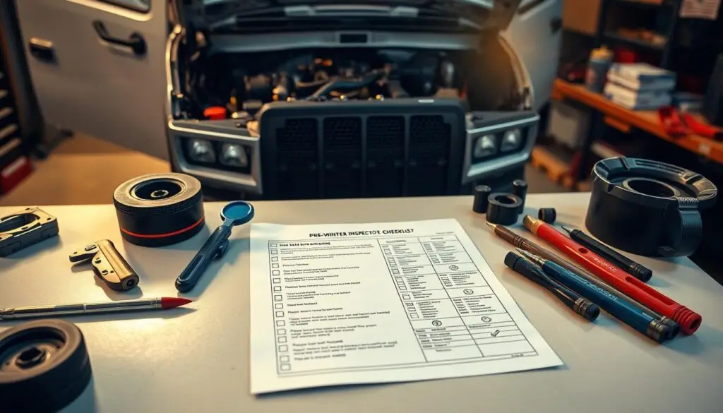 Technician performing pre-winter inspection on mobile service truck checking engine compartment