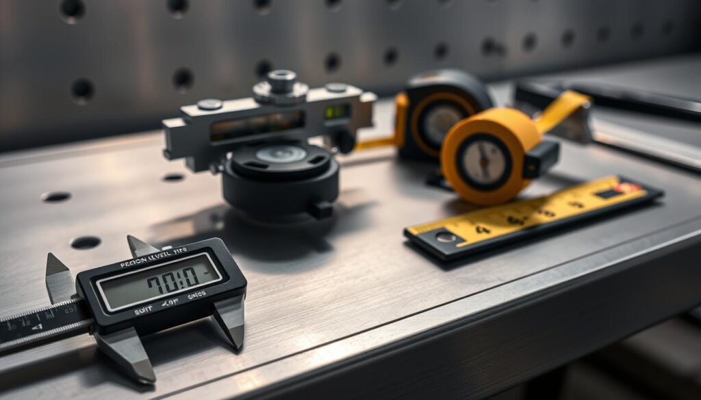 Precision measuring equipment for trailer alignment including steel tape trammel bar and digital level