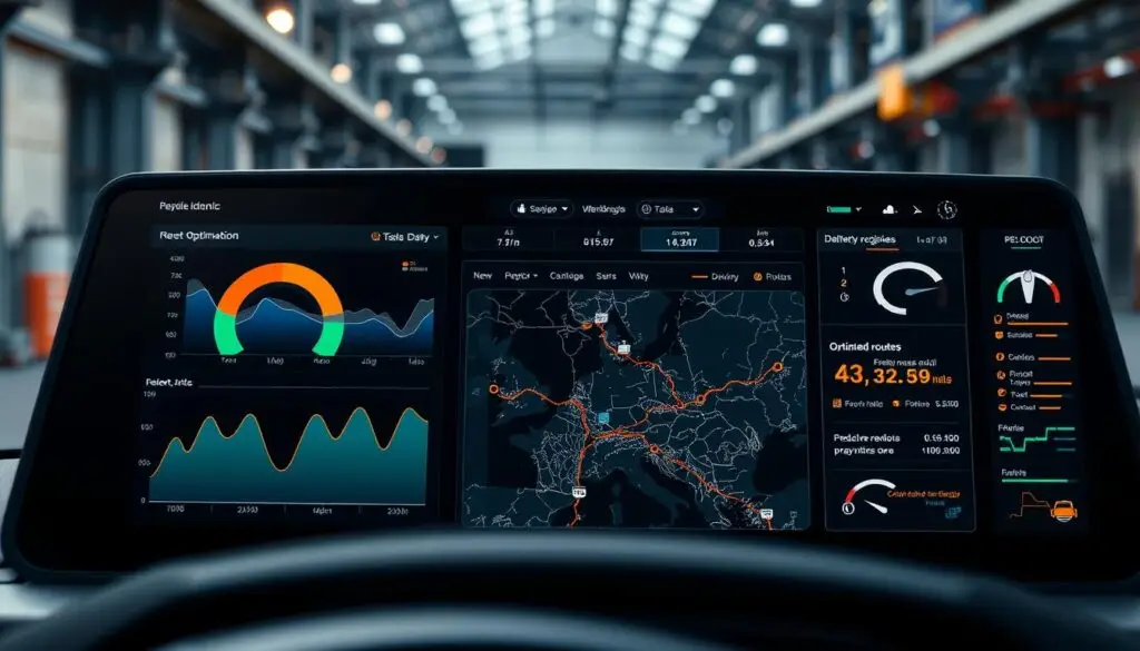 Fleet management software dashboard displaying predictive maintenance alerts and optimized delivery routes on map interface