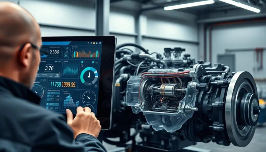 Diesel technician using diagnostic tablet with engine analytics and predictive maintenance data