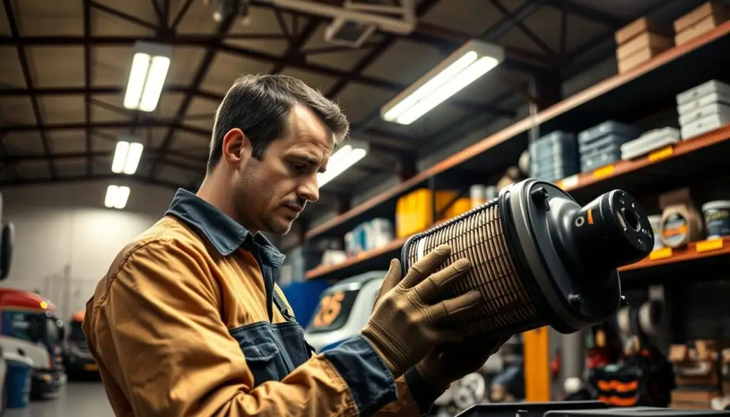 Fleet maintenance technician performing preventive DPF inspection on commercial truck