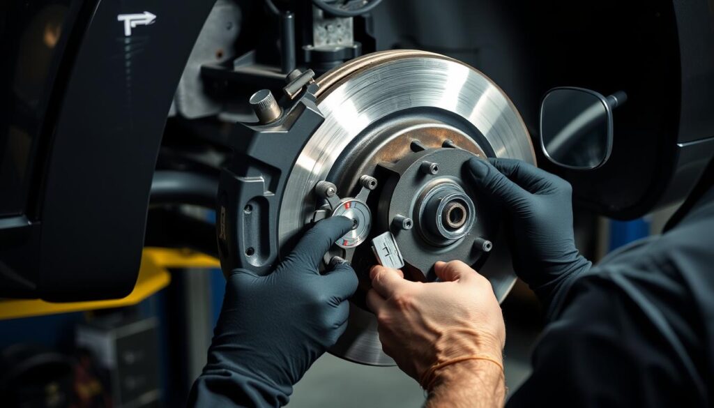 Technician performing preventive maintenance brake inspection procedures