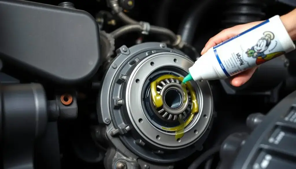 Fleet technician lubricating clutch linkage pivot points during preventive maintenance