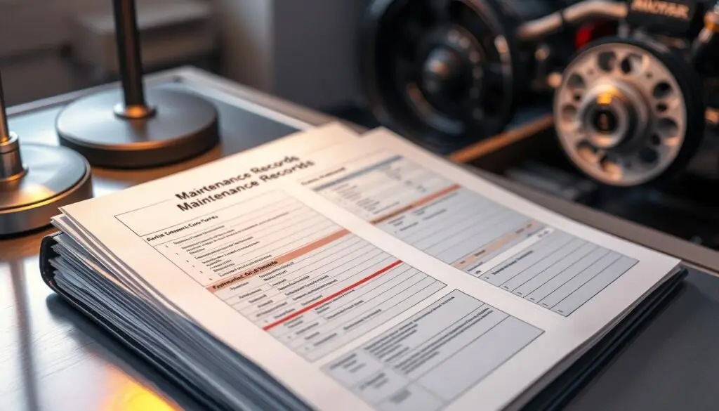 Diesel technician documenting oil change service with digital maintenance tracking tablet