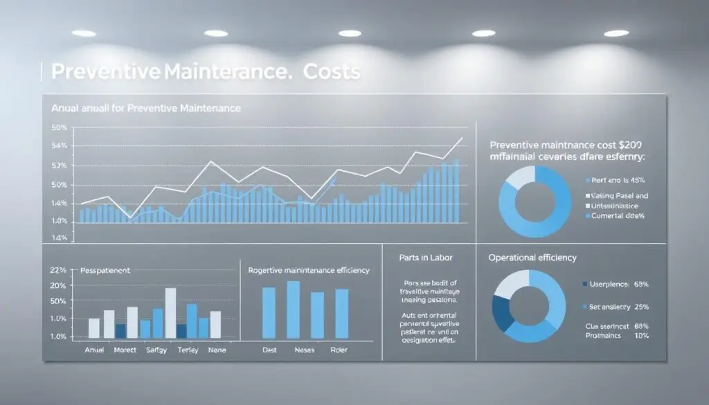 Fleet manager analyzing preventive maintenance costs and ROI data on computer dashboard