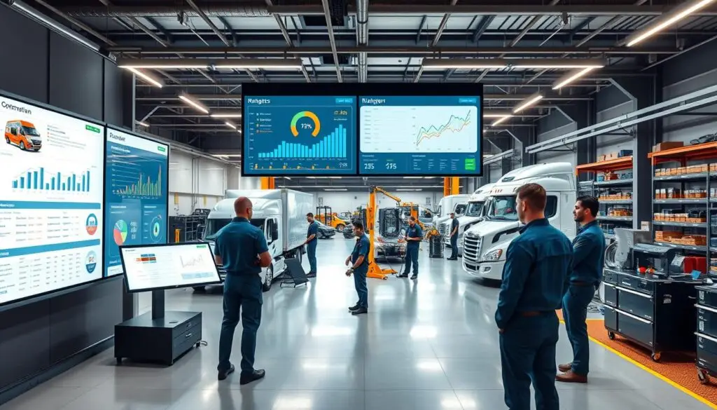 Commercial trucks in fleet maintenance bay receiving scheduled preventive service