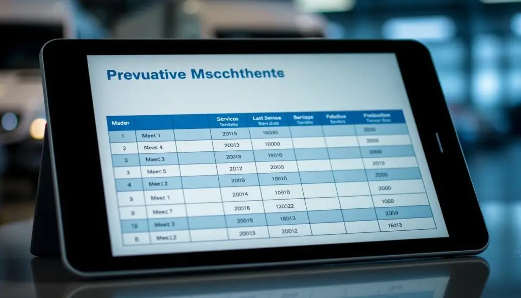 Preventive maintenance schedule chart showing inspection intervals for brakes, tires, and critical systems