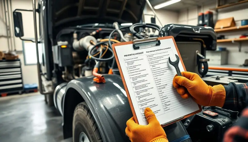 Fleet driver performing pre-trip inspection on Class 8 tractor checking tire condition and fluid levels