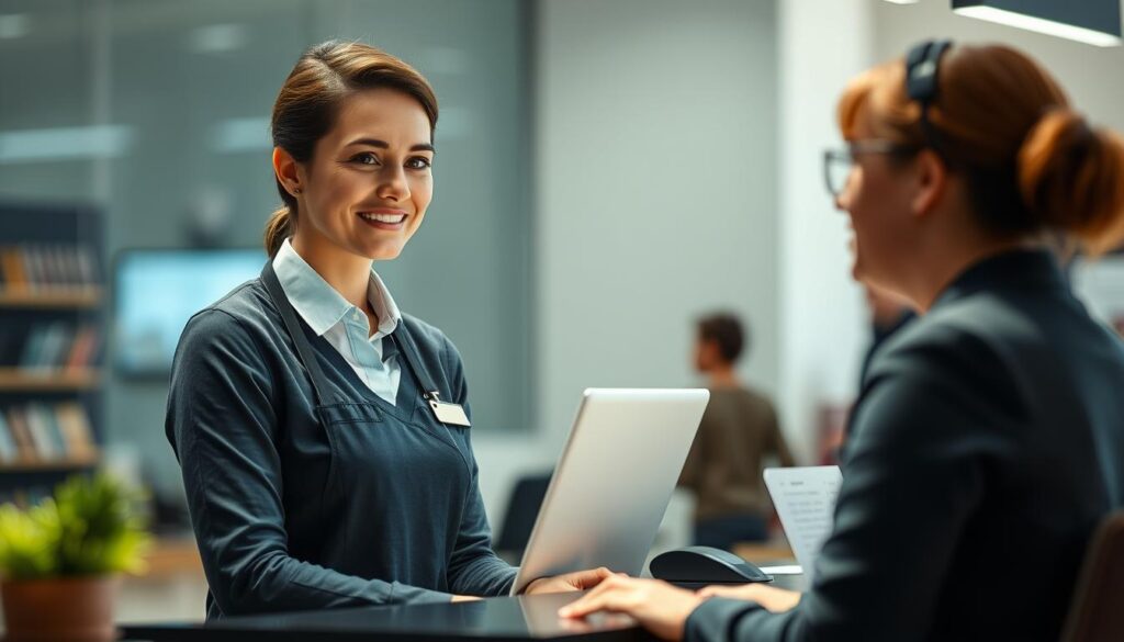 Professional service technician maintaining composure during customer discussion