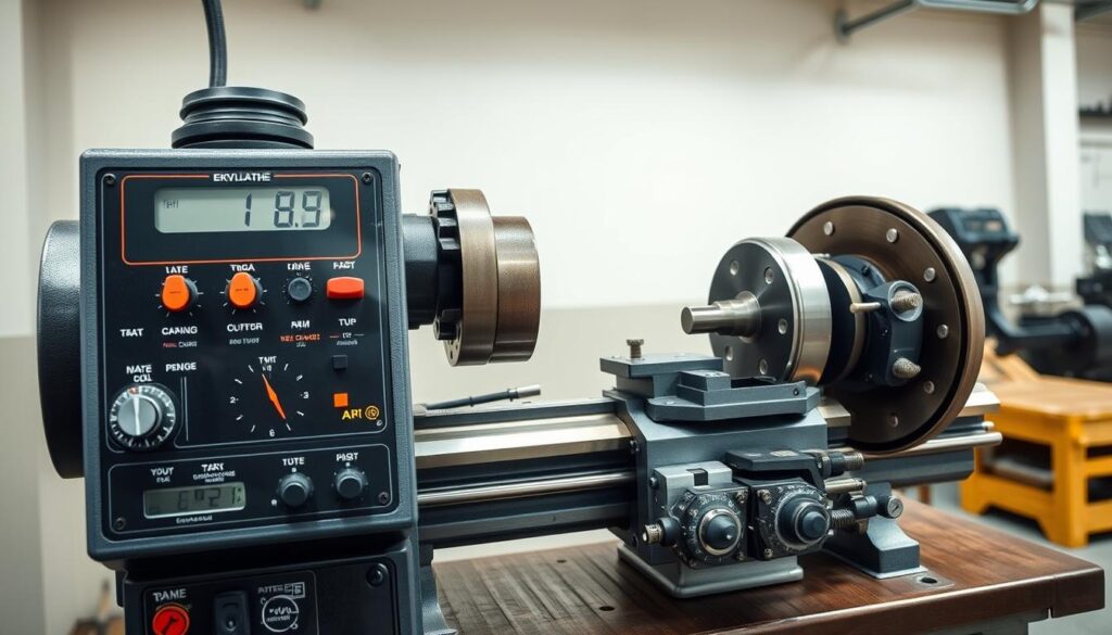 Close-up of brake lathe control panel showing digital readouts and adjustment mechanisms