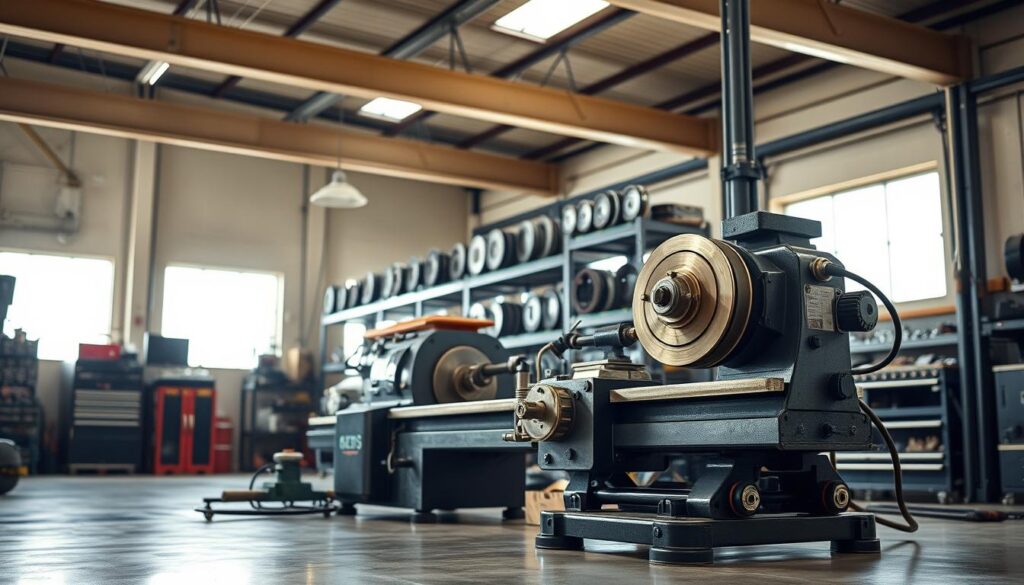 Diesel technician operating brake lathe equipment in professional heavy duty shop setting