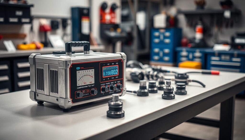 Professional diesel compression testing kit with gauge, adapters, and carrying case