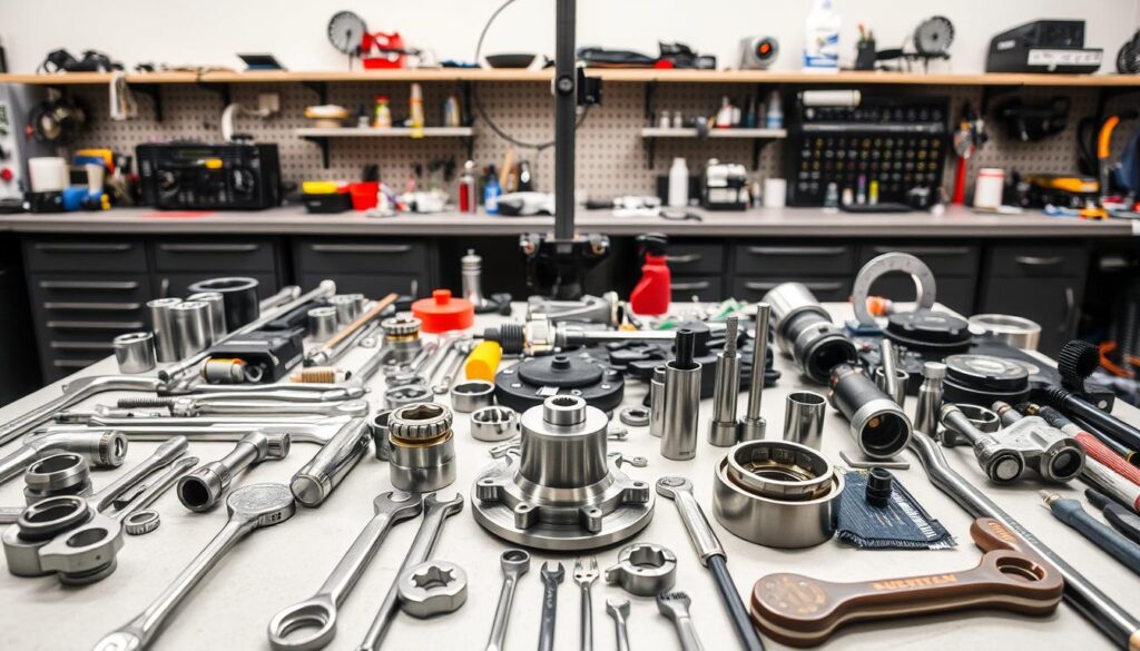 Complete professional toolkit for trailer hub service including bearing packer, race drivers, and torque wrench