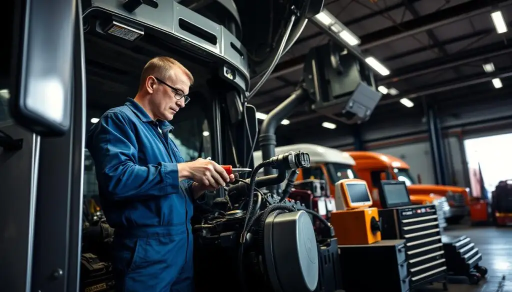 Professional diesel technician working on fuel cooler replacement