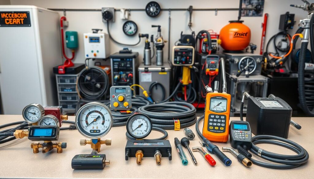 Diesel technician using refrigerant manifold gauges during reefer trailer diagnostics
