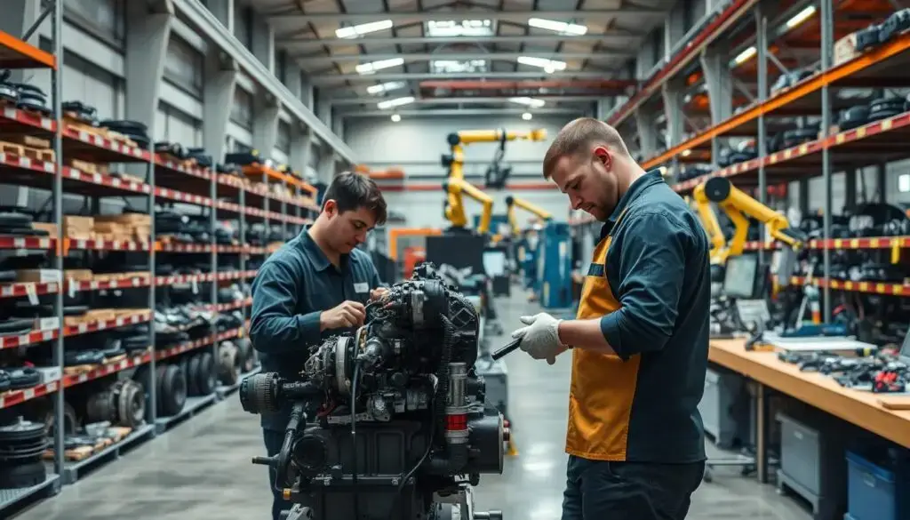 Technician performing precision inspection during diesel component remanufacturing process