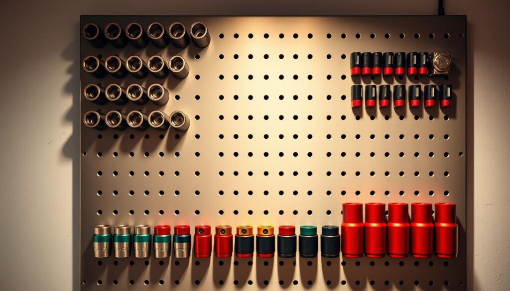 Color-coded socket organizers showing metric and SAE separation in professional diesel shop
