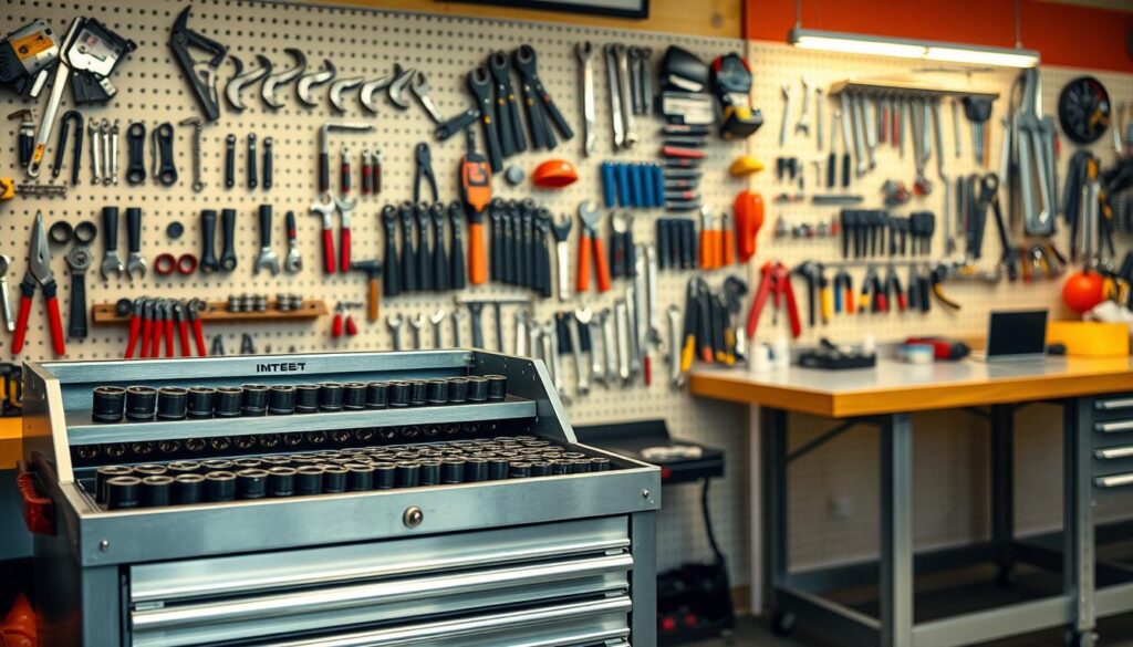 Professional tool organization system showing socket rails and drawer storage in diesel repair shop