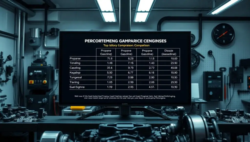 side by side comparison chart showing propane vs gasoline performance metrics including power output and fuel economy