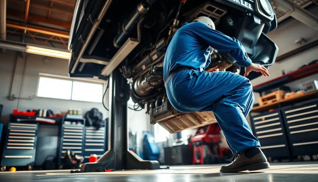Diesel technician maintaining proper body mechanics while working on engine compartment