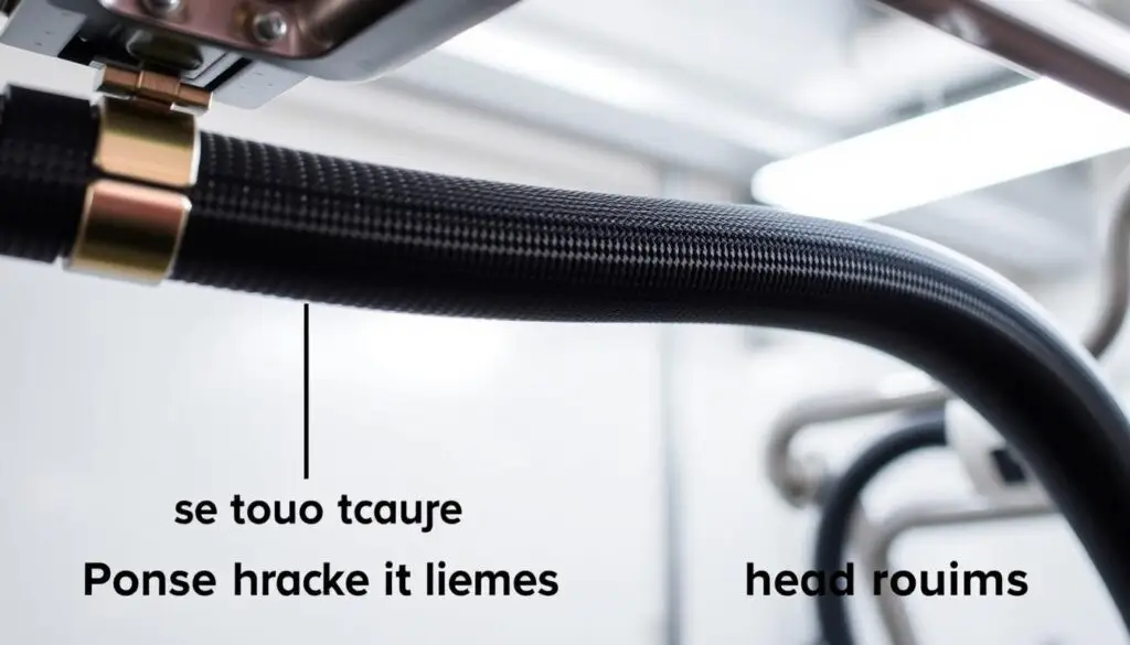 Hydraulic hose installation showing proper bend radius and routing support