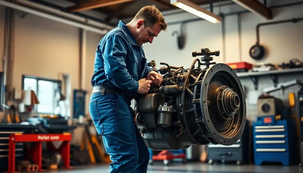 Diesel mechanic demonstrating proper power lift technique with heavy component