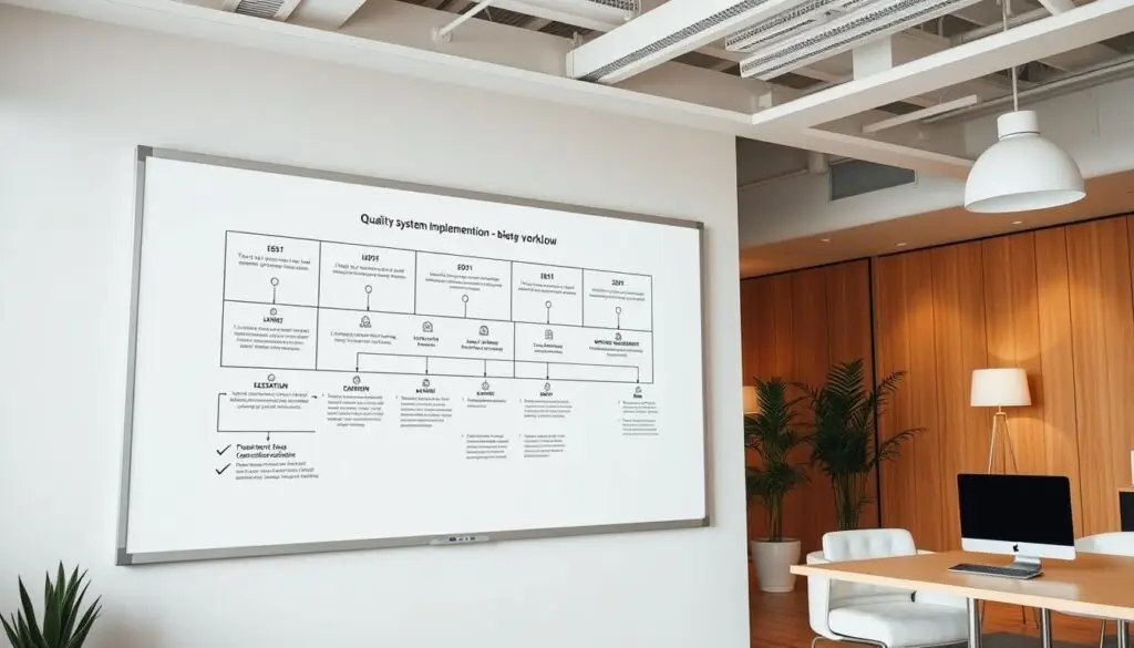 Timeline diagram showing three phases of ISO quality system implementation for diesel shops