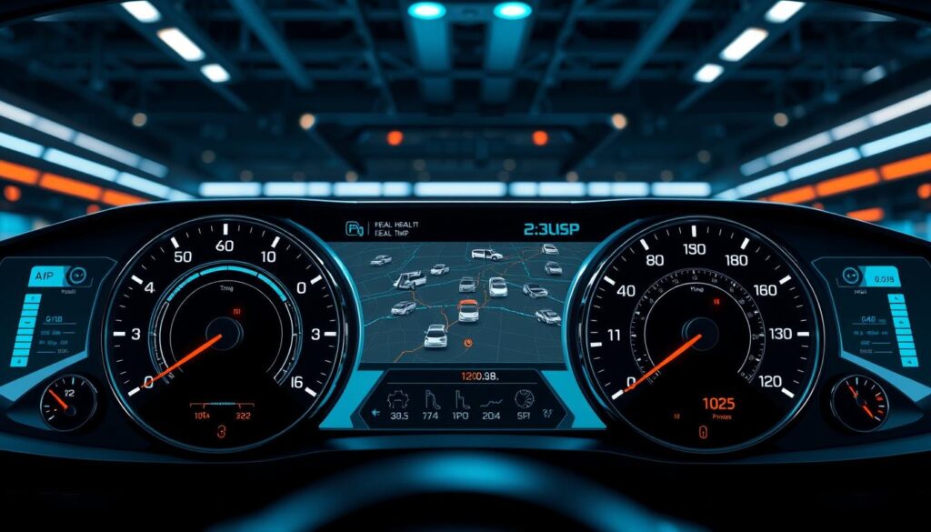 Fleet management software interface showing real-time vehicle locations, fuel consumption metrics, and driver performance data