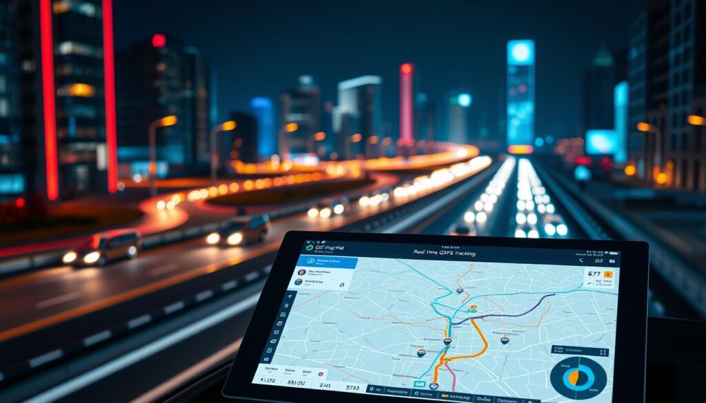Real-time vehicle monitoring dashboard displaying GPS fleet tracking with vehicle icons and route information