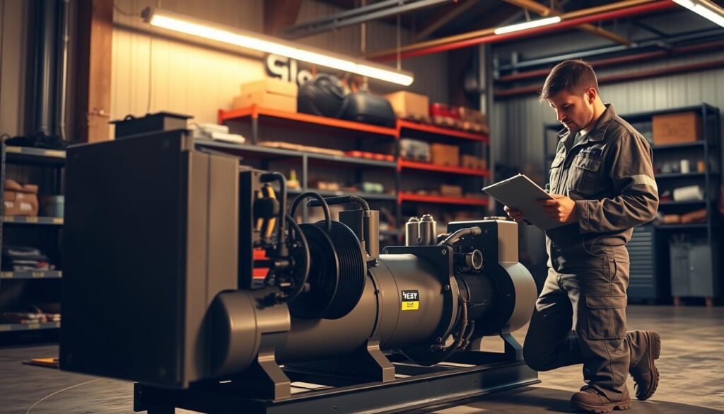 Technician inspecting reefer compressor during quarterly maintenance service