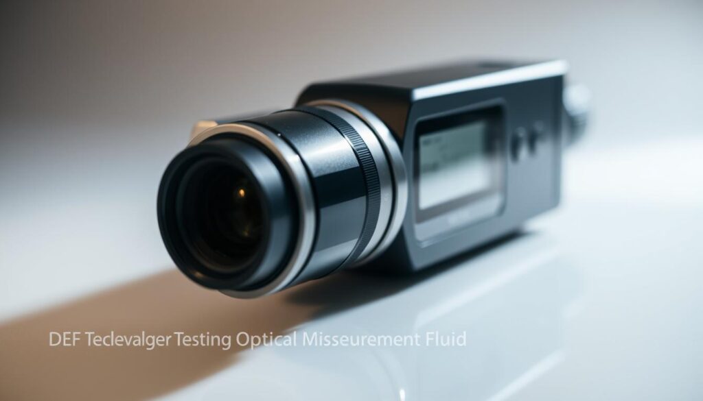 DEF refractometer showing light refraction measurement of urea concentration on calibrated scale